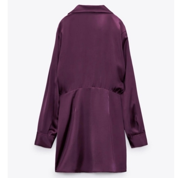 NWT Zara | Satin Ruched Shirt Dress Silky Eggplant Womens Large - Picture 9 of 9